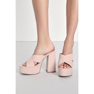 Lulus Aliany Light Nude Suede Platform Slide Sandals Beige - Size 8.5